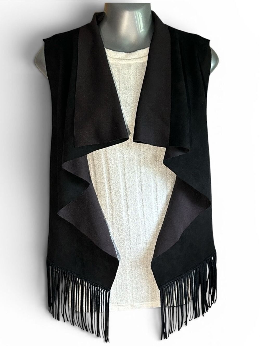 Emory Rose Black Faux Suede Fringe Vest with Shawl Collar Medium